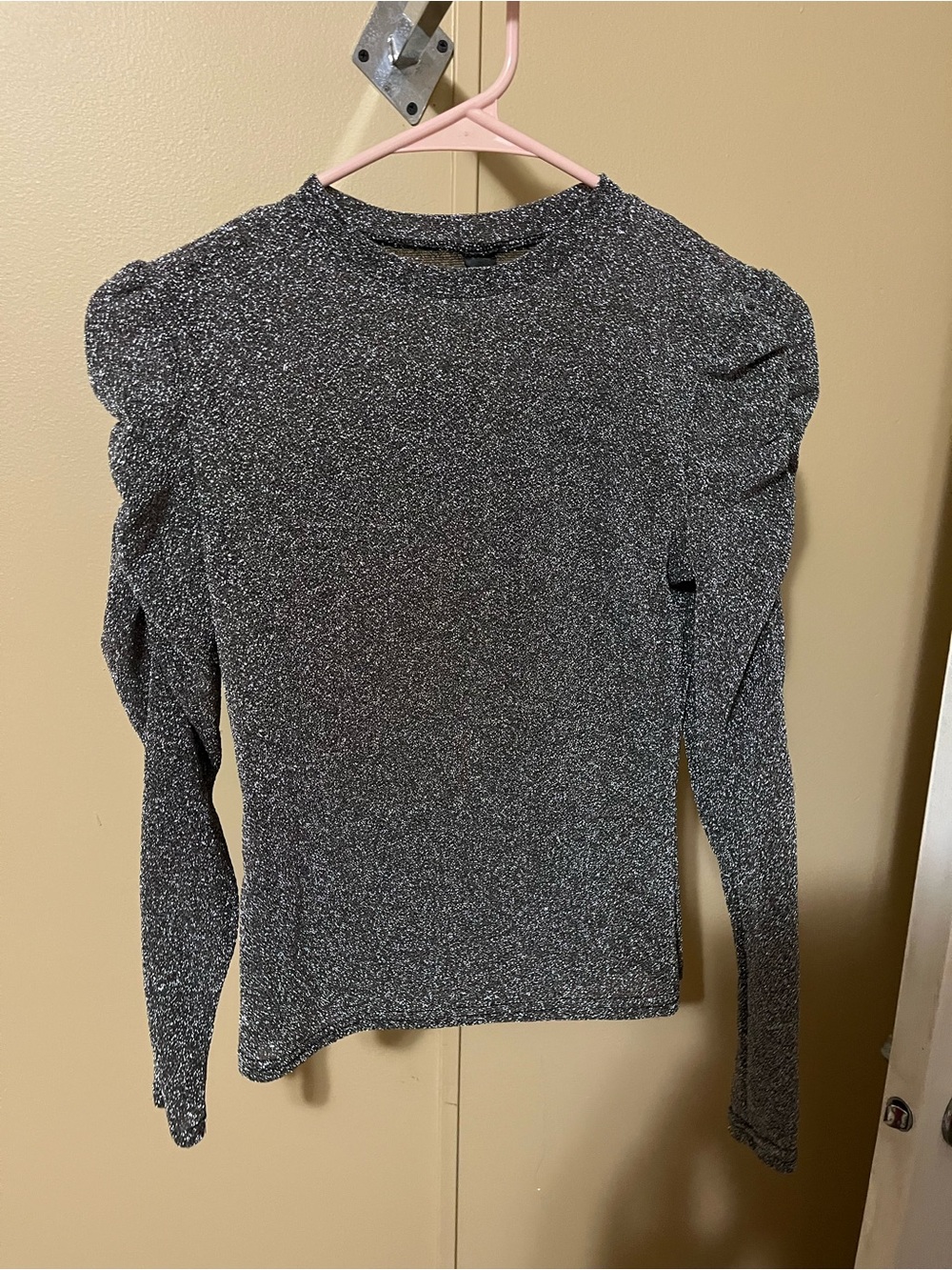 SHEIN Black Shimmer Puff-Sleeve Long Sleeve Top